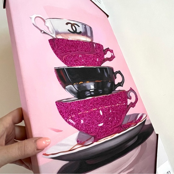 DESIGN DISTRICT STUDIO Wall Art Print Teacups Chanel 10x20 Pink Glitter Canvas - Picture 6 of 8